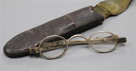 A cased pair of George III silver spectacles, maker, JH, London, 1814.